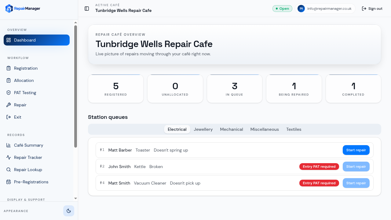 RepairManager dashboard showing the repair queue for a repair café session